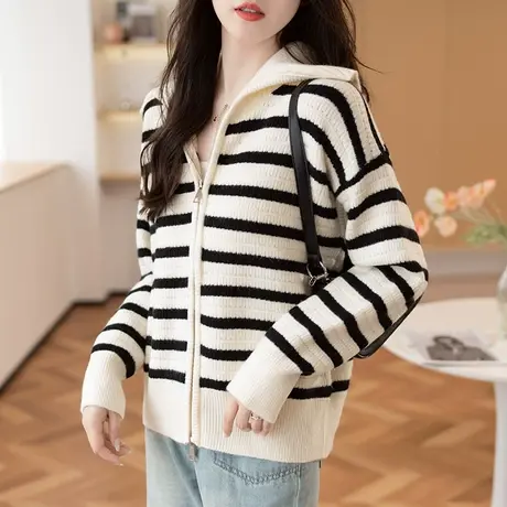 2023秋装新款韩版宽松女士毛衣针织衫上衣外套长袖条纹拉链衫开衫商品大图