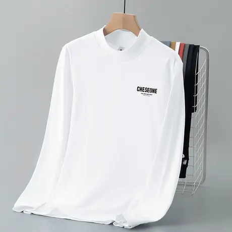 重磅纯棉白色t恤男士长袖2024新款半高领内搭打底衫中领全棉体恤商品大图