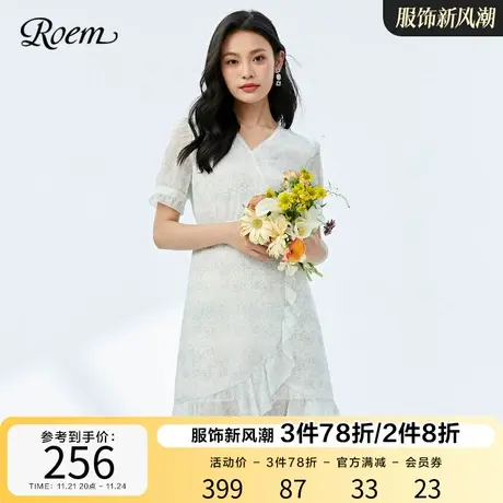 Roem碎花高腰商场同款春夏新品法式V领荷叶边设计甜美短袖连衣裙图片