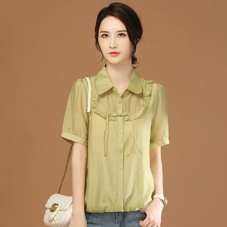 韩潮袭人高级感拼接短袖雪纺女士衬衫2023夏新款设计感小众衬衣薄图片