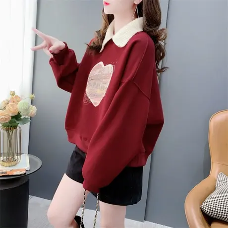 设计感学院风Polo领加绒卫衣女士秋冬2023新款宽松洋气小个子上衣商品大图