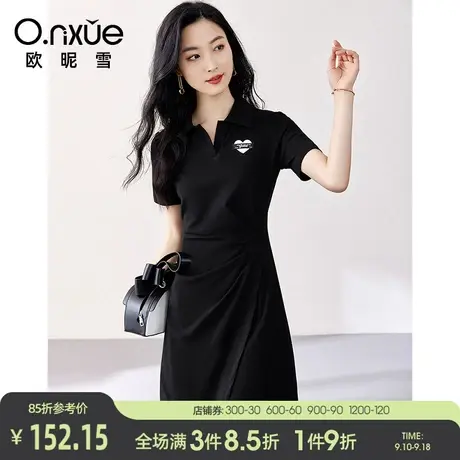 欧昵雪2023夏季新款连衣裙女时尚翻领短袖减龄修身显瘦不规则短裙图片