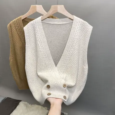 马甲背心女春秋2023年韩版V领纯色宽松针织女士毛衣宽松纽扣坎肩商品大图