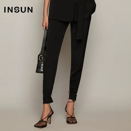 INSUN恩裳秋季桑蚕丝黑色小脚西裤商品大图