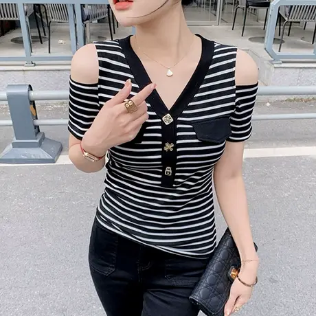 性感露肩女装欧货气质V领条纹T恤短袖设计感小众流行上衣修身小衫商品大图