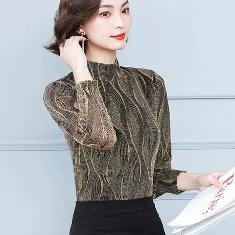 打底衫女加绒女上衣2023秋冬新款长袖t恤女优雅性感立领复古小衫商品大图