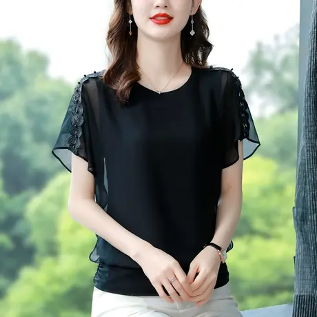 雪纺衫女短袖2023年新款妈妈夏装小衫女高档洋气宽松蝙蝠袖女上衣商品大图