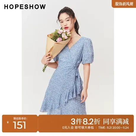 红袖outlets蓝色碎花裙hopeshow2023夏季新款女装不对称V领连衣裙图片