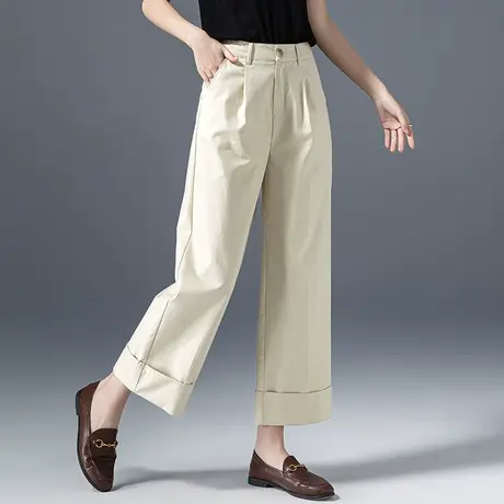 高腰窄版天丝阔腿裤女小个子裤子夏季薄款冰丝女裤翻边九分直筒裤商品大图