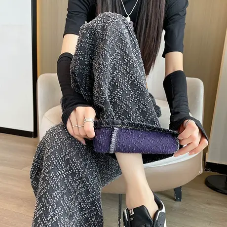 黑色高腰阔腿牛仔裤女宽松显瘦秋季新款提花设计感小众拖地直筒裤商品大图