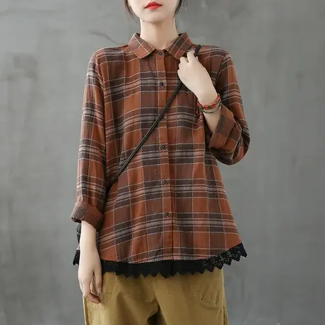 dza复古文艺格子衬衫女士长袖外穿百搭上衣秋季新款显瘦宽松衬衣商品大图