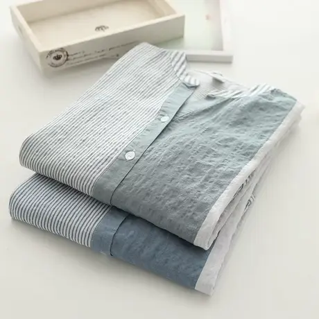 复古文艺拼色蓝条纹宽松中袖衬衫女夏季立领七分袖纯棉薄衬衣上衣图片