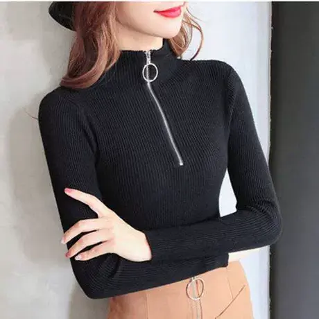 秋冬新款2024大码女装半高领圆环拉链短款紧身修身打底针织毛衣女商品大图