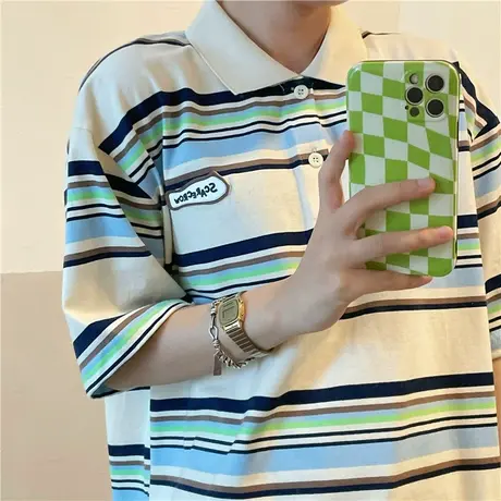 红续条纹polo衫短袖t恤女夏季2023新款宽松韩版复古小个子ins上衣商品大图