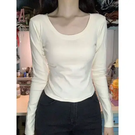 法式高级感长袖T恤女秋冬装洋气减龄修身短款小个子螺纹德绒上衣图片