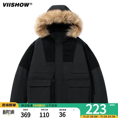 VIISHOW棉服男短款工装韩版宽松连帽大毛领拼接小众加厚冬面包服商品大图