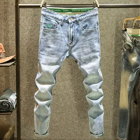 浅蓝色高端牛仔裤男款立体裁剪修身小直筒裤子时尚青年弹力长裤子图片