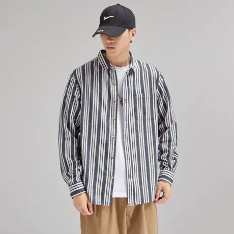 Modi Nick/摩帝尼克文艺条纹男士衬衫复古水洗工艺长袖条纹男衬衣商品大图