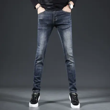深蓝色高级牛仔裤男秋季2023新款潮牌修身小脚男士弹力潮流裤子男图片