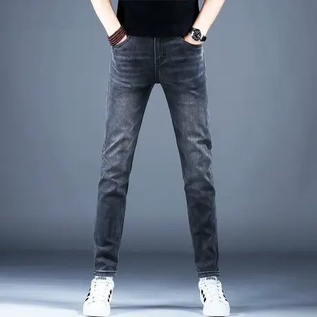 2023男士秋冬牛仔裤子简约修身灰色精致小脚裤男潮牌厚款棉弹裤子图片