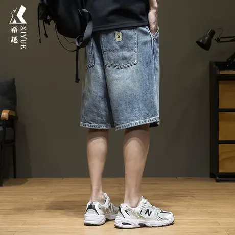 希越美式复古水洗牛仔短裤男刺绣休闲中裤夏季宽松大码男士五分裤商品大图