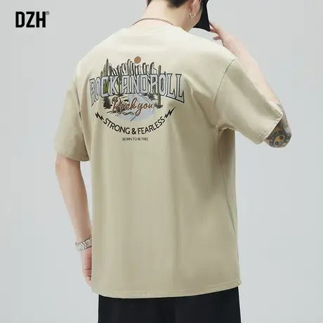 男生卡其色t恤男潮牌短袖夏季纯棉宽松男装2023新款重磅体恤美式商品大图