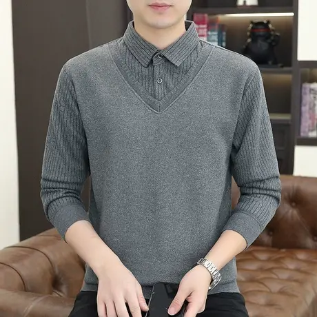 春秋季男士条纹假两件毛衣休闲加厚加绒冬针织打底衫修身衬衫领潮商品大图