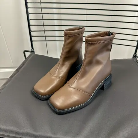 高跟短靴女粗跟2024新款秋冬加绒方头瘦瘦靴时尚百搭后拉链时装靴商品大图