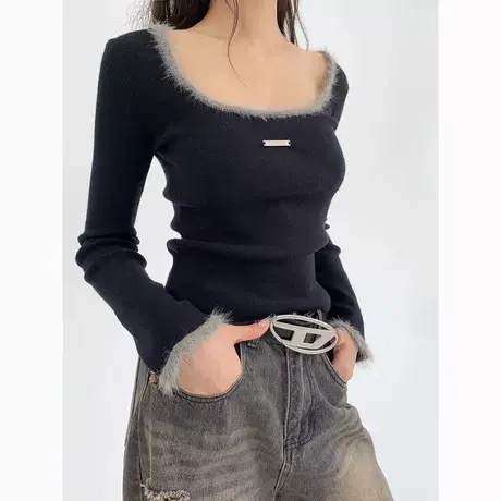 纯欲毛毛领长袖T恤女内搭秋冬新款韩版短款修身德绒打底甜辣上衣图片