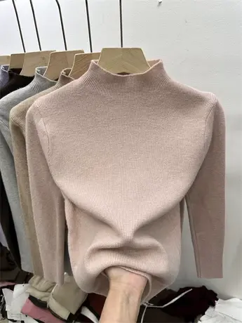 欧货纯色半高领针织衫女秋冬2023新款慵懒风百搭打底衫修身上衣潮商品大图