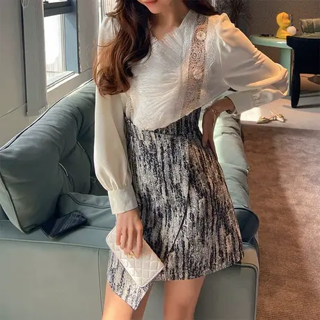 粉红大布娃娃设计感小众黑白提花半身裙2022新款不规则高腰A字裙商品大图