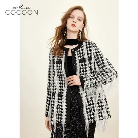 missCOCOON老钱风长袖上衣2023冬季新女撞色流苏宽松香风外套女图片