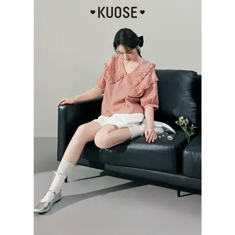 阔色橘粉色衬衫女2023夏季新款肌理感格子衬衣设计感娃娃领上衣商品大图