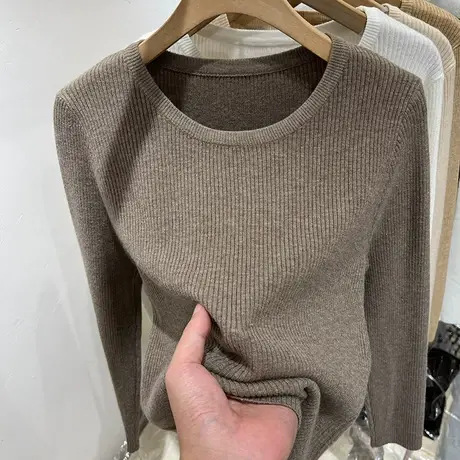 基础款圆领坑条长袖针织衫女上衣2023秋冬新款纯色百搭打底衫毛衣商品大图