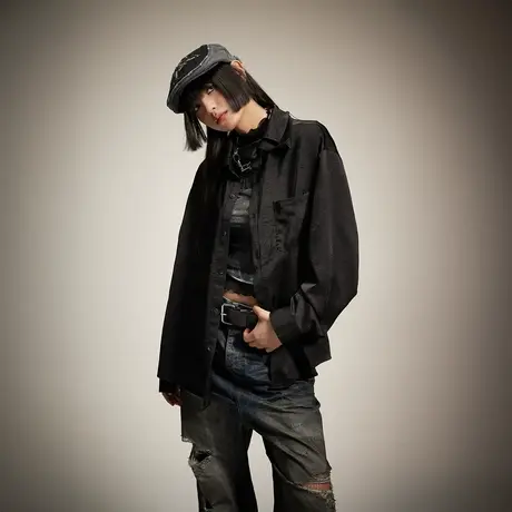 新中式街头潮牌黑色衬衫女2024春新款复古oversize衬衣设计感上衣商品大图