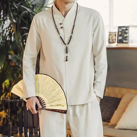 套装男复古中国风一套衣服棉麻休闲民族风汉服古风长袖长裤两件套商品大图