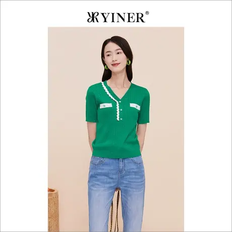 YINER音儿专选女装夏季法式优雅V领针织衫短袖套头上衣商品大图