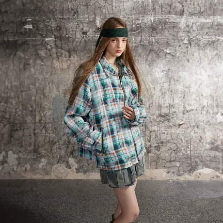 复古设计感潮牌格子外套女2024年新款情侣款春装宽松oversize夹克商品大图