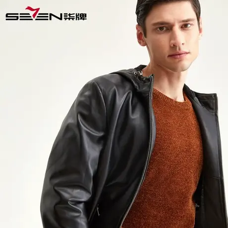 柒牌男装清仓男士商务休闲宽松外衣纯黑皮夹克时尚连帽皮衣外套商品大图