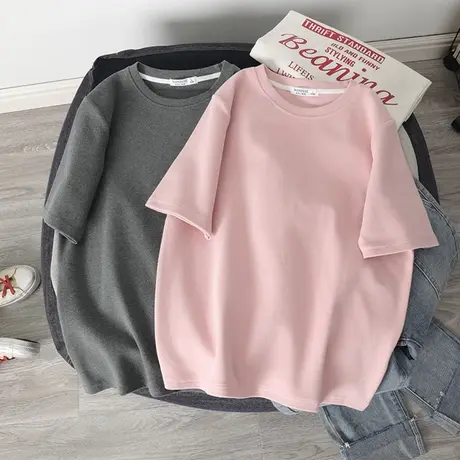 纯棉短袖T恤女夏季新款设计感正肩纯色宽松学生显瘦圆领半袖上衣图片