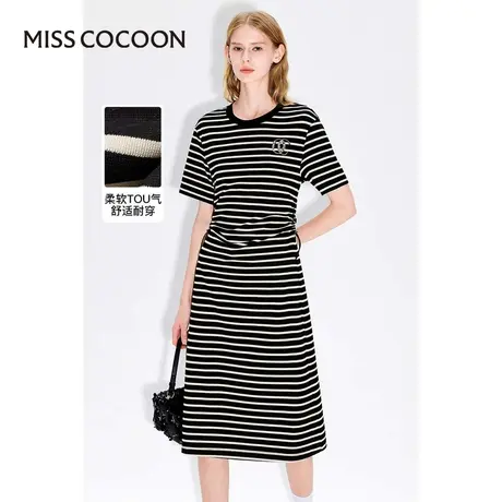MISSCOCOON【持续机能旅程】24春新款时尚条纹弹力罗纹A字连衣裙商品大图