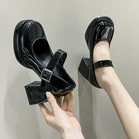 高跟鞋女婚鞋法式一字带玛丽珍鞋防水台粗跟单鞋米白色气质伴娘鞋图片