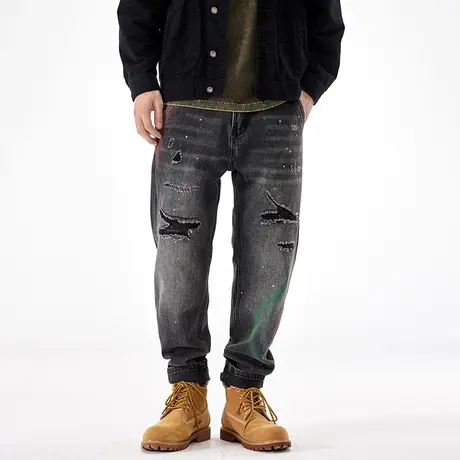 黑色破洞牛仔裤男宽松直筒休闲潮牌秋冬款锥形男士长裤子2023新款商品大图