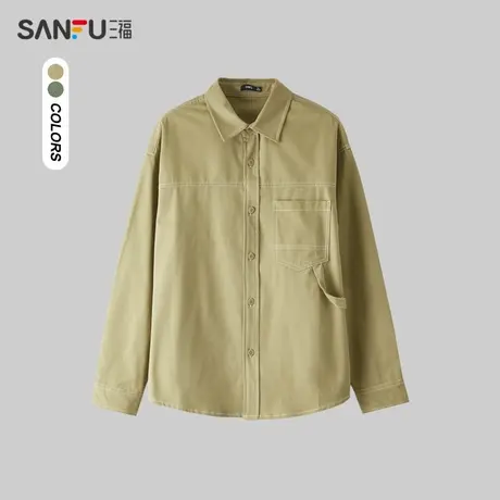 三福2024春季男士明线设计纯棉长衬衫 日系户外翻领上衣482242图片