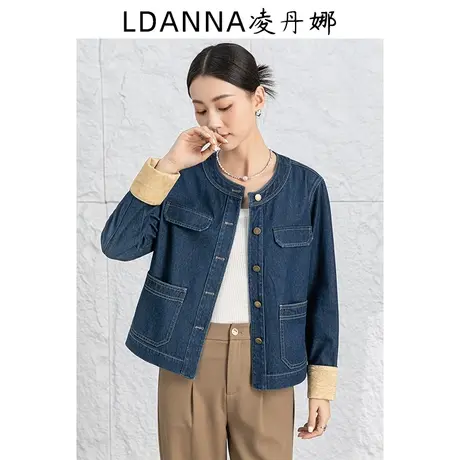 撞色提花翻边袖新中式女装牛仔外套女新款春秋小个子复古国风上衣图片