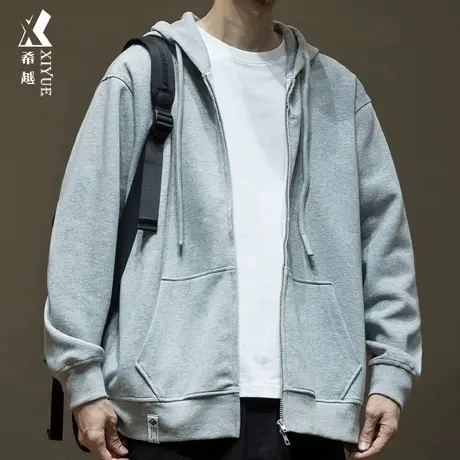 希越美式休闲开衫卫衣男2024春季新款宽松大码男士连帽花灰色外套图片