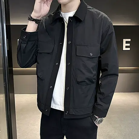 工装外套男春季时尚拼接轻熟风纯色短款褂子男装2024潮牌翻领夹克商品大图