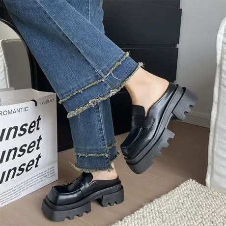 厚底高跟包头拖鞋女外穿春夏季小皮鞋2024新款超火配裙子粗跟半拖商品大图