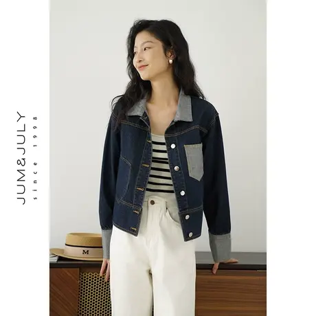 嘉茱莉2024早春新款复古牛仔外套女休闲夹克牛仔上衣短款外套撞色图片