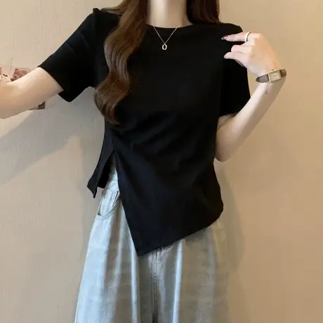 下摆开叉短袖女T恤夏季修身百搭韩版小众设计感抽绳短款半袖体恤商品大图